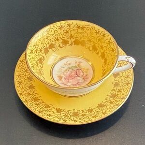 Vintage Royal Chelsea Fine Bone China Signed K Lope Teacup Saucer Set Yellow